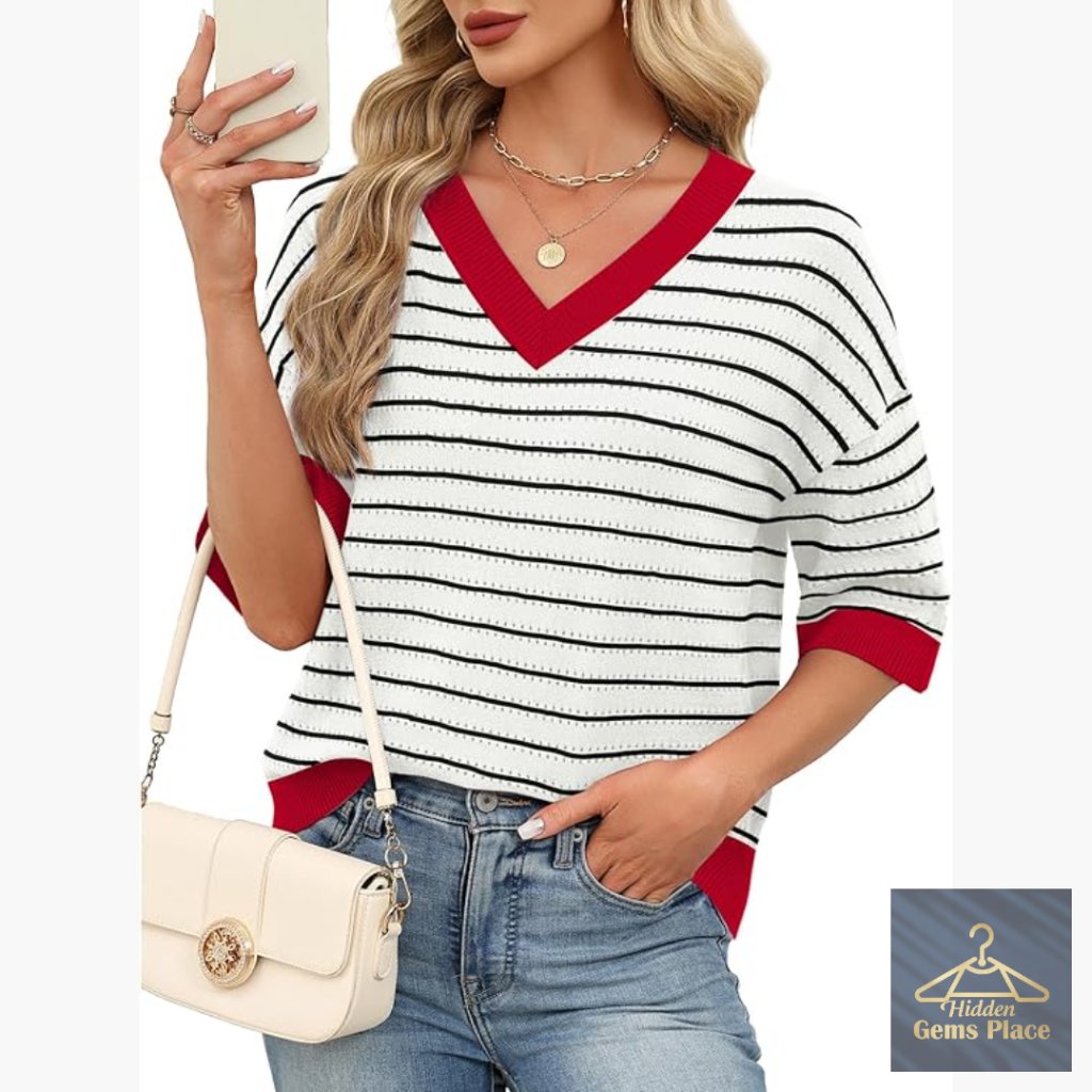 Oversized V-Neck Crochet Sweater 3/4 Sleeve Spring Summer Blouse